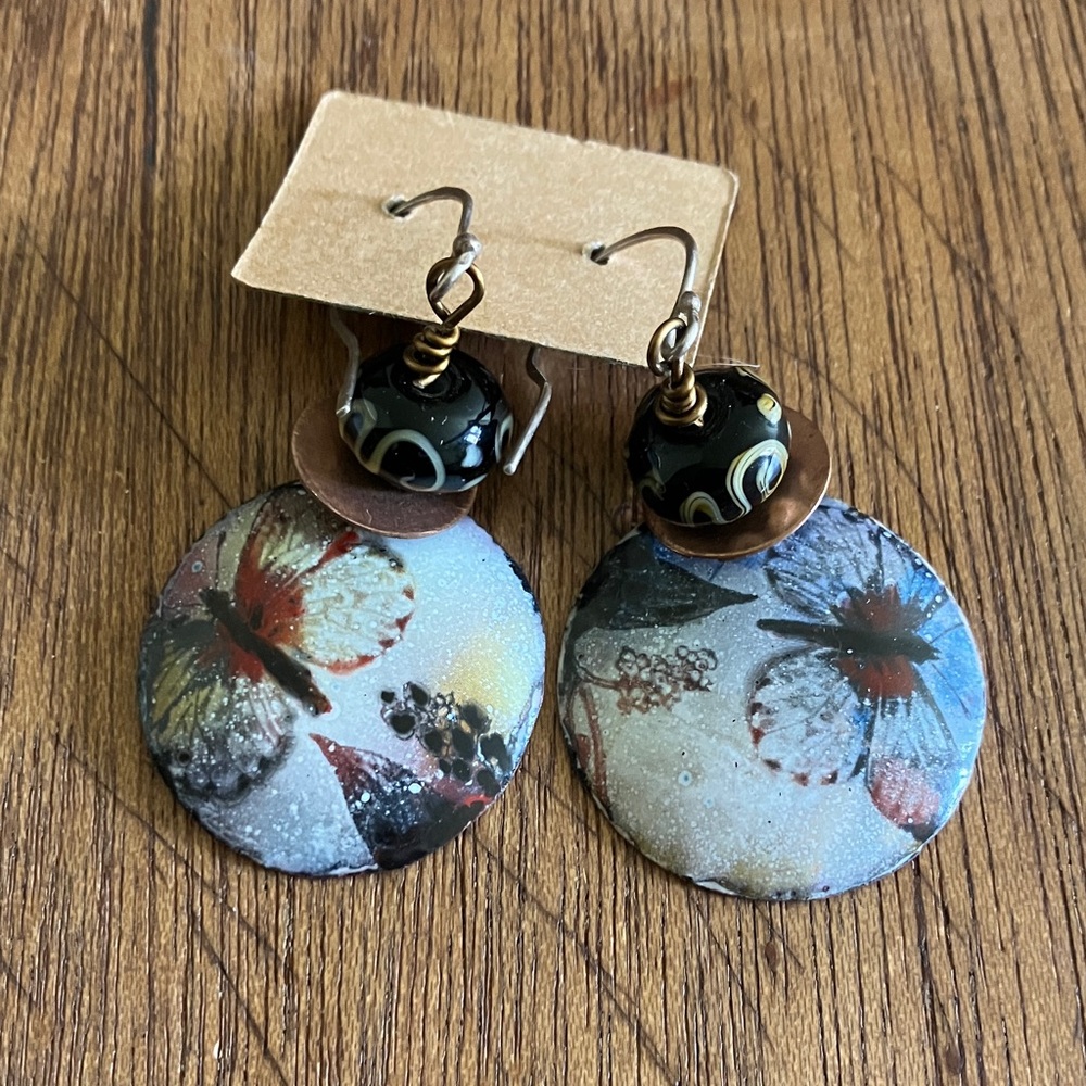 Unbranded Artisan Butterfly Print Coin Dangle Earrings with Black‎ Glass Beads